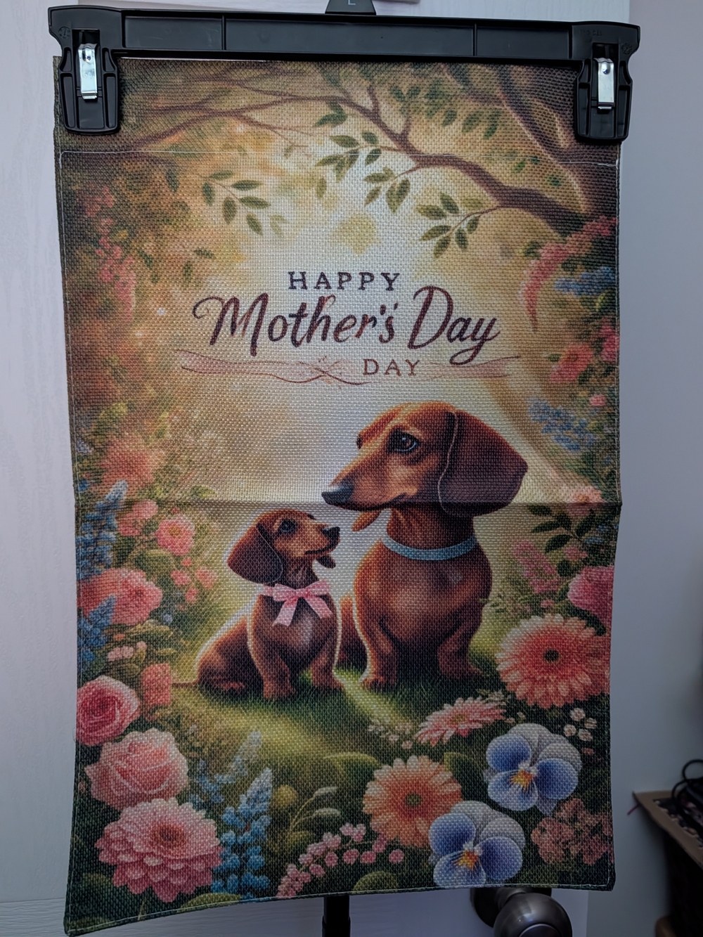Happy Mothers Day Daschund Floral Flag Wall Hanging